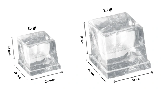 Cube ice sizes: 28×28×22 mm 15 g and 40×40×22 mm 30 g