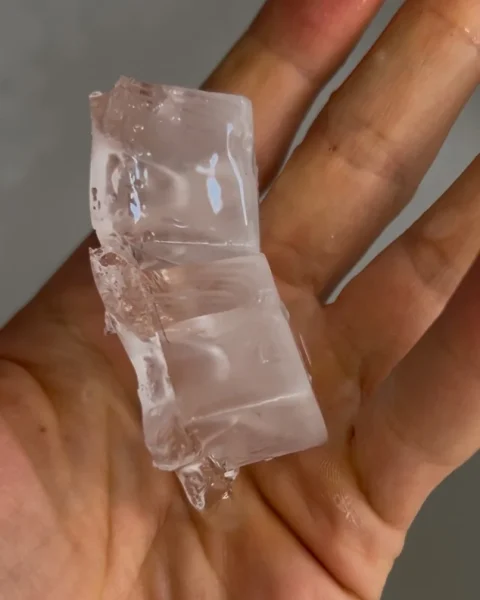 Clear ice cubes in the palm of a hand